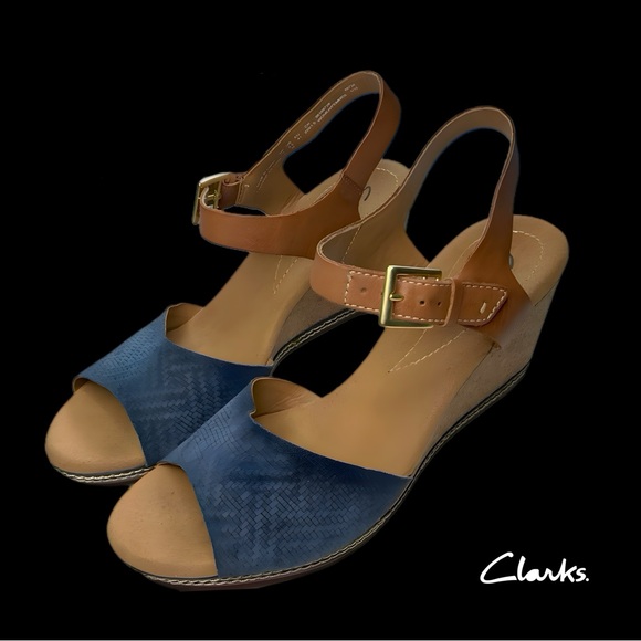 Clarks Collection Sandals Cork Wedge Open Toe Ankle Straps Blue Tan 9.5 - Picture 2 of 16